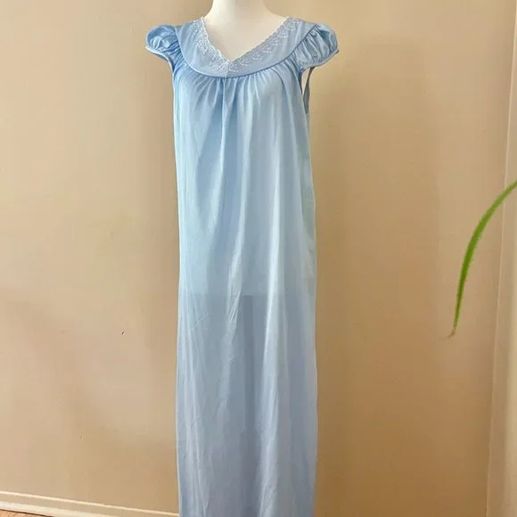 Vintage Nightgown Blue Nylon with Ruffled Cap Sleeves Medium - Picture 3 of 8